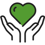 Icon Hände halten ein Herz, gemeinsame Nutzung und Produktion von nachhaltigem Strom steiget die Unabhängigkeit